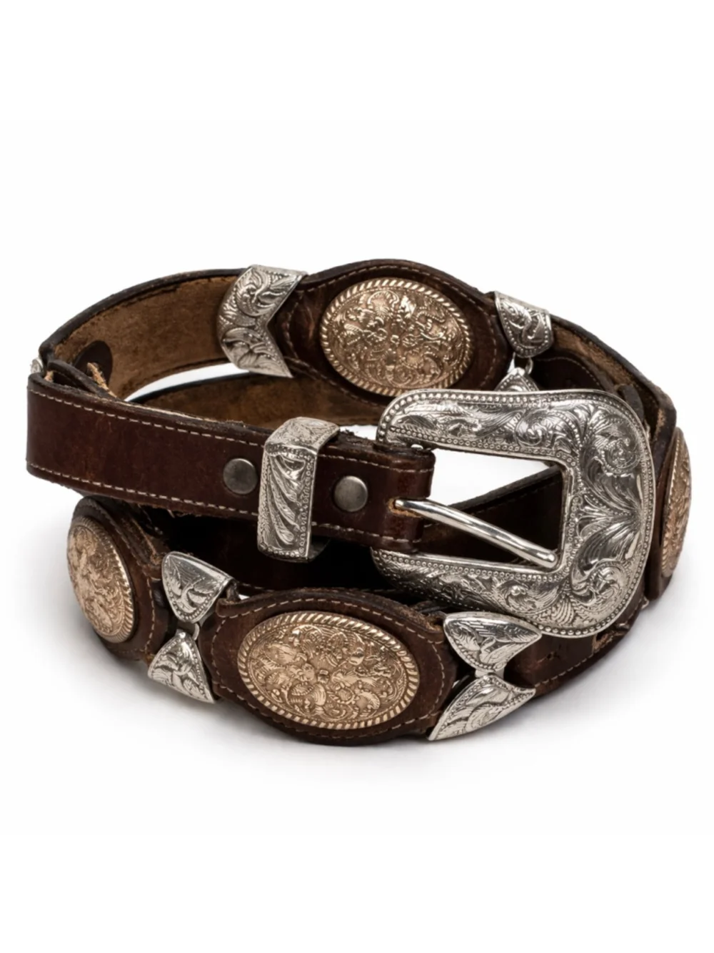 Nadim Western Concho Leather Belt Brown Engraved Silver Buckle Cowgirl Boho